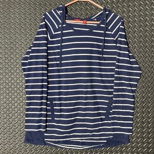 Vintage Izod Navy Blue White Horizontal‎ Stripe Pullover Hoodie Sweatshirt Sz L